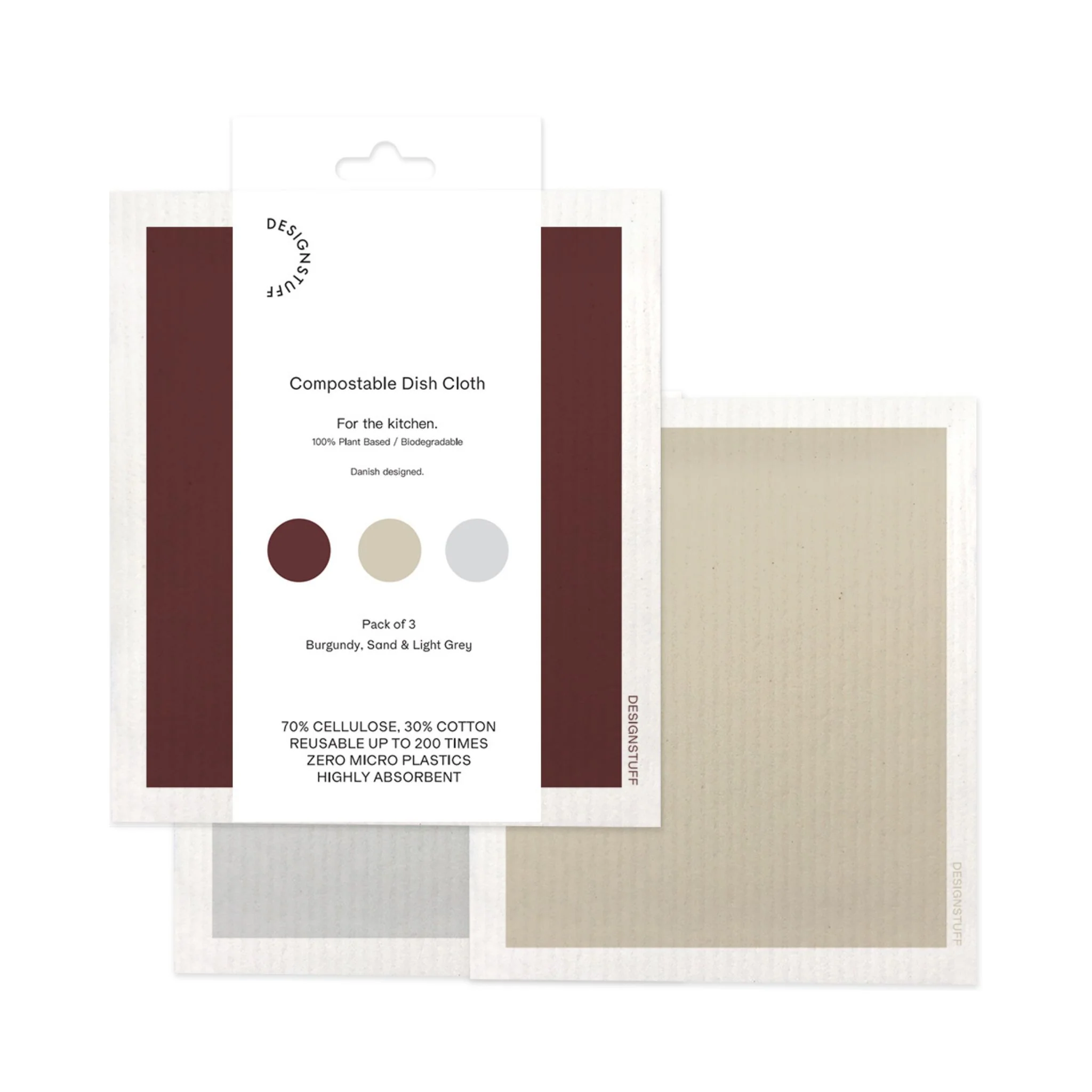 DESIGNSTUFF ETTA Compostable Dishcloth, Burgundy/Sand/Light Grey (Set of 3) - Image 5