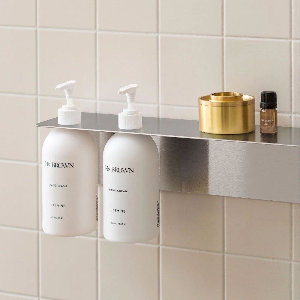 DESIGNSTUFF Shelf w/ Dual Soap Dispenser Holder, L40 cm, Brushed Steel - Image 3