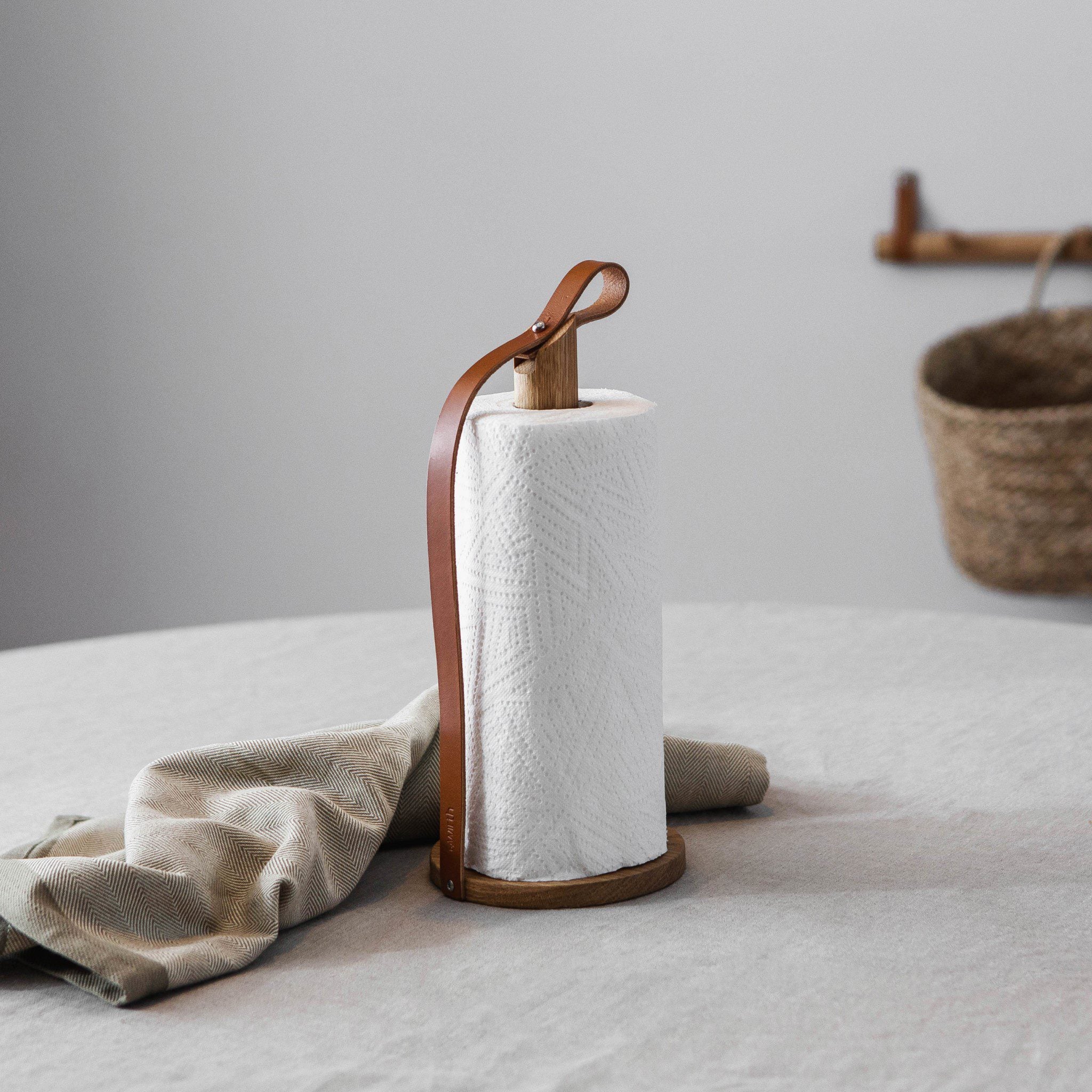 EKTA LIVING Hands On Paper Towel Holder, Oiled Oak/Leather - Image 2