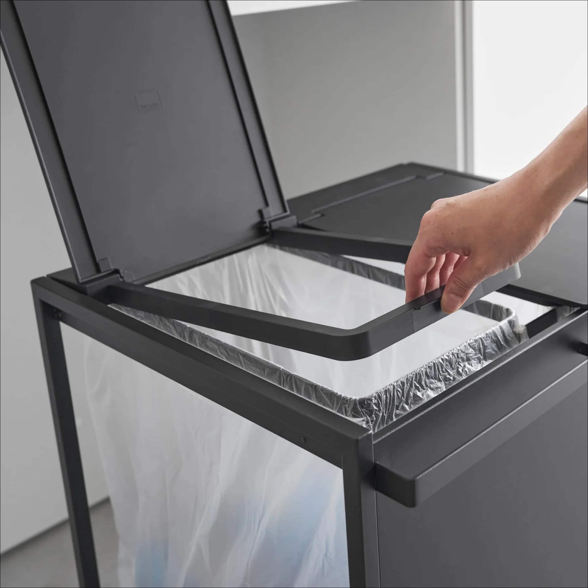 YAMAZAKI Tower 2 Compartment Rubbish/Recycling Bin w/Wheels, Black - Image 6