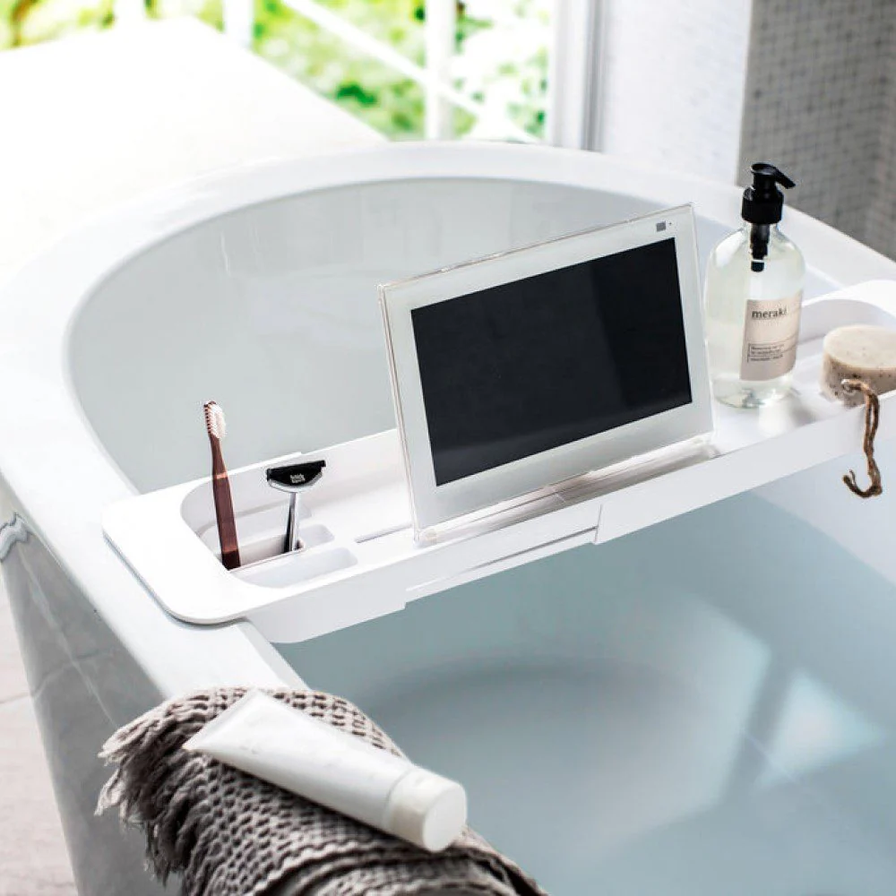 YAMAZAKI Tower Extendable Bath Tray, White - Image 8