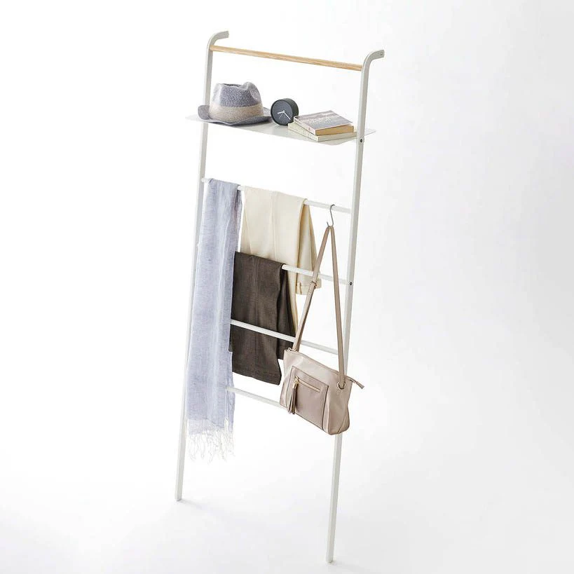 YAMAZAKI Tower Leaning Ladder with Adjustable Shelf, White - Image 3