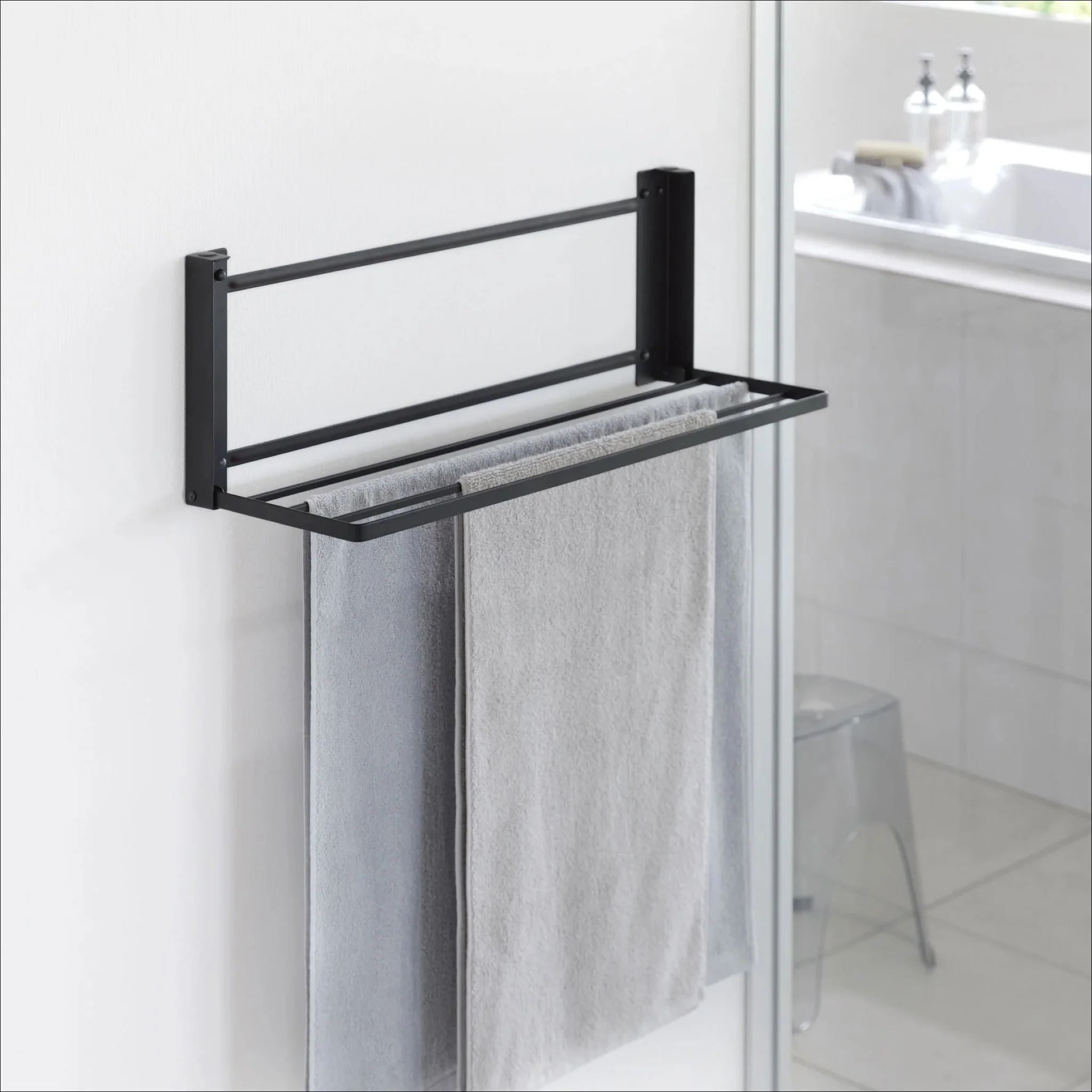 YAMAZAKI Tower Wall-Mounted Folding Clothes Drying Rack, Black - Image 2