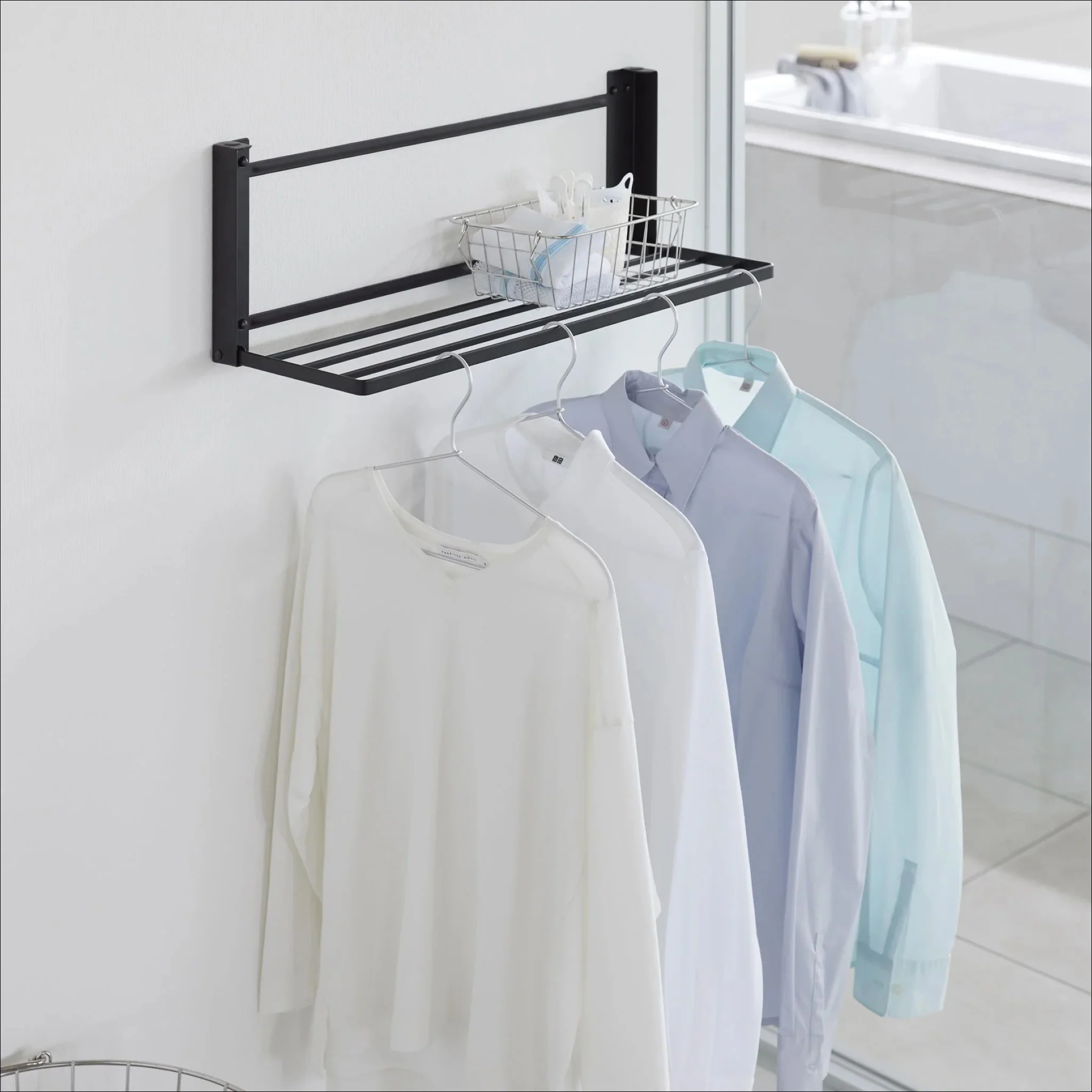 YAMAZAKI Tower Wall-Mounted Folding Clothes Drying Rack, Black - Image 3