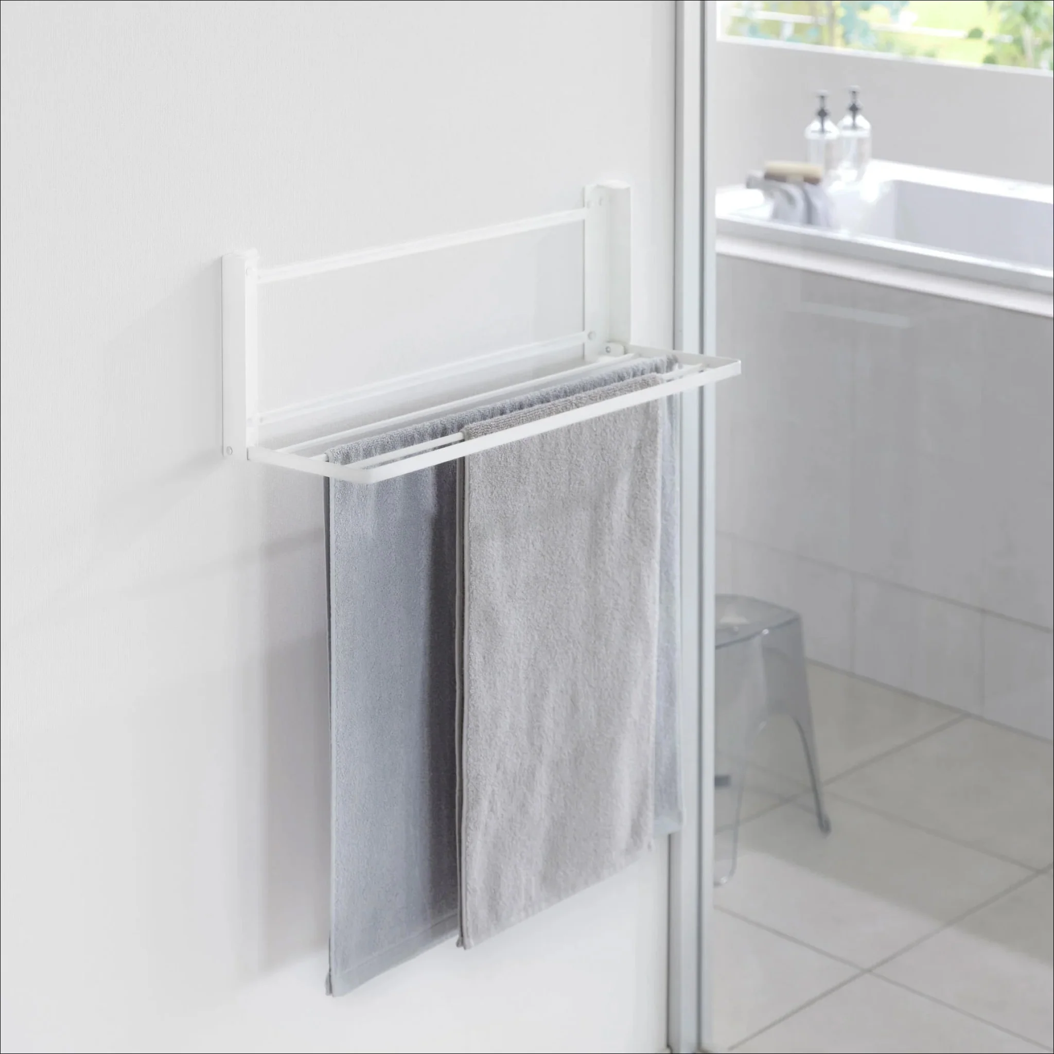 YAMAZAKI Tower Wall-Mounted Folding Clothes Drying Rack, White - Image 4